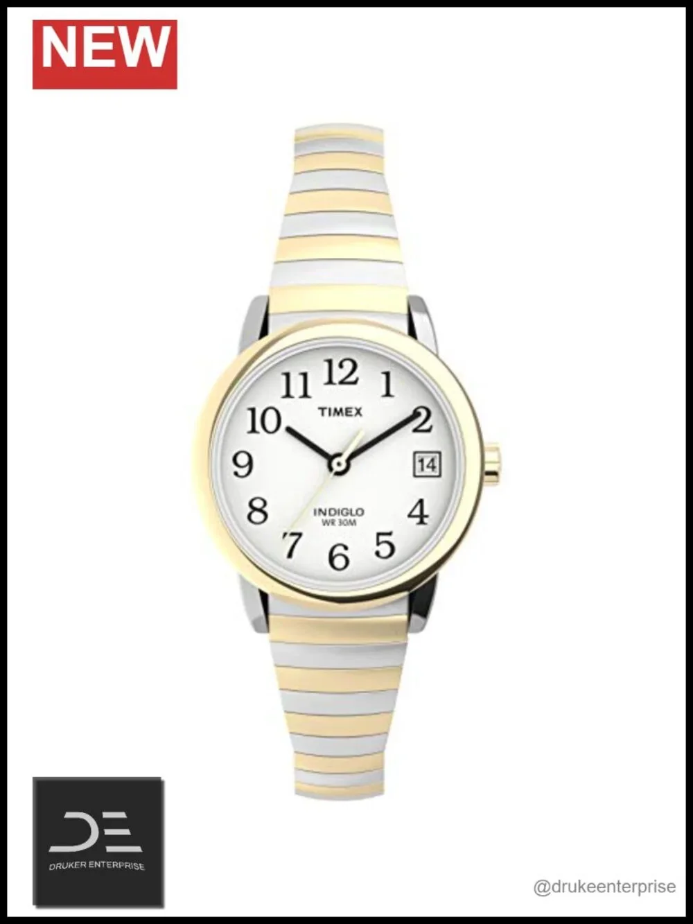 White Dial Arabic Numerals Date Window Stainless Steel Expansion Band Indiglo